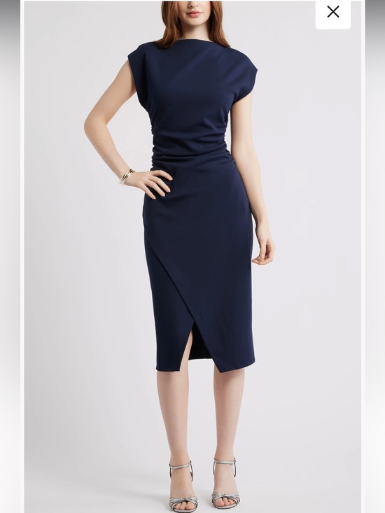 Nordstrom Dresses & Skirts - NWT Nordstrom Sz Med Navy Blue Ruched Funnel Neck Midi Work Casual Dress Ret $89